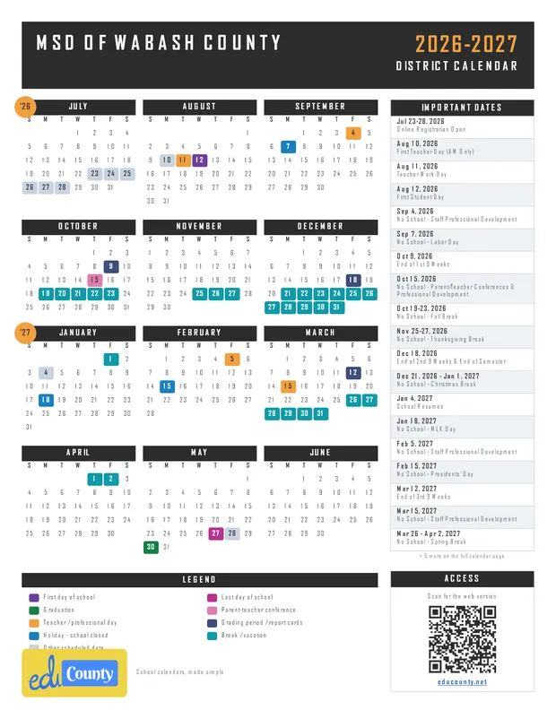MSD of Wabash County printable 2026-27 calendar