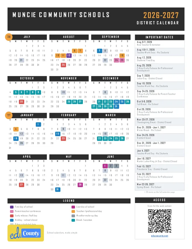 Muncie Community Schools printable 2026-27 calendar