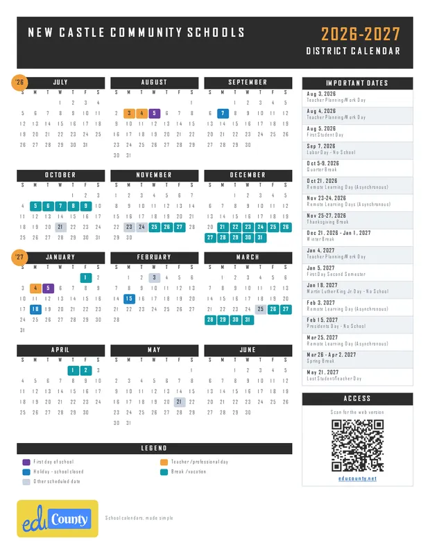 New Castle Community Schools printable 2026-27 calendar