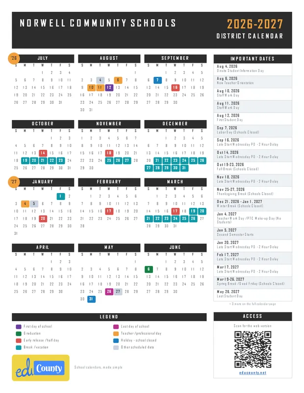 Norwell Community Schools printable 2026-27 calendar