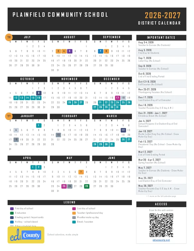 Plainfield Community School printable 2026-27 calendar
