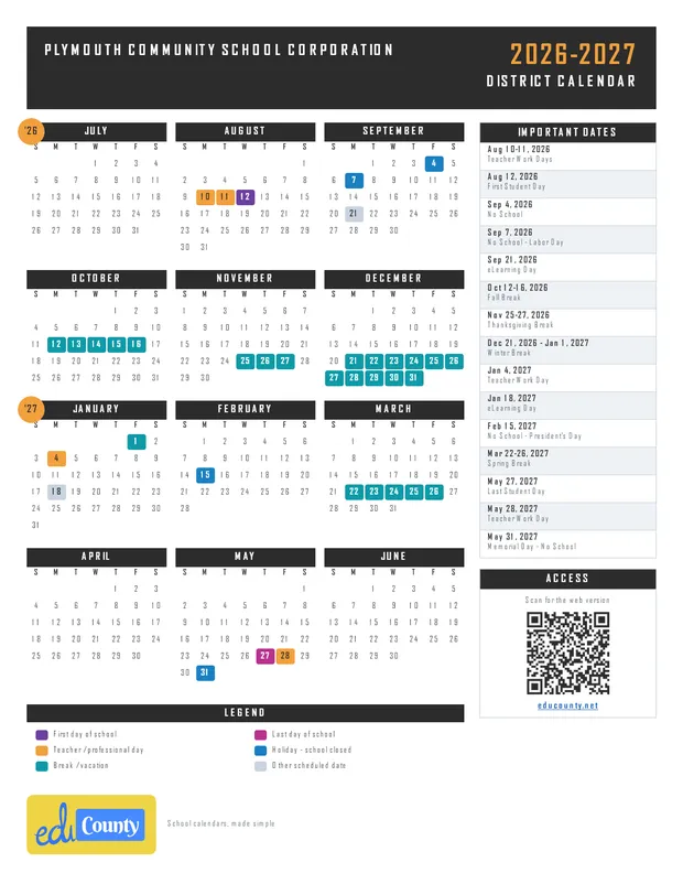 Plymouth Community School Corporation printable 2026-27 calendar