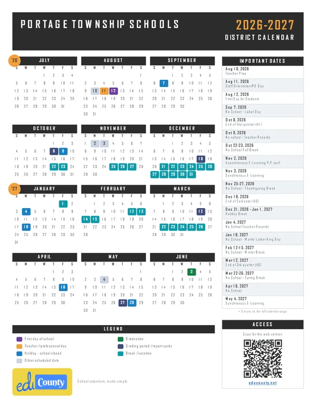 Portage Township Schools printable 2026-27 calendar