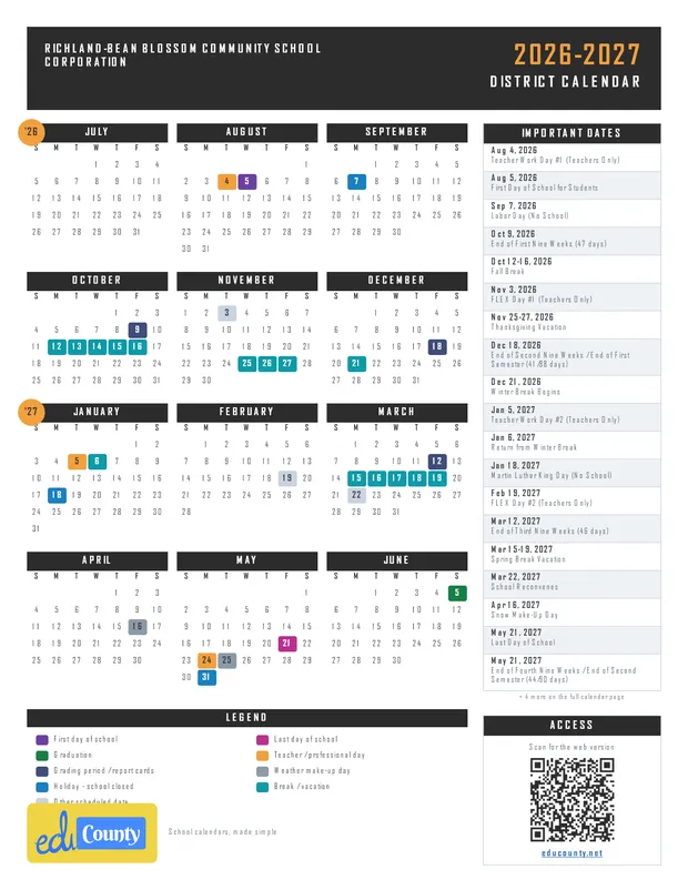 Richland-Bean Blossom Community School Corporation printable 2026-27 calendar
