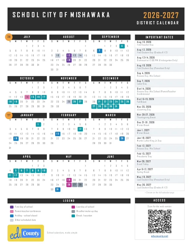 School City of Mishawaka printable 2026-27 calendar