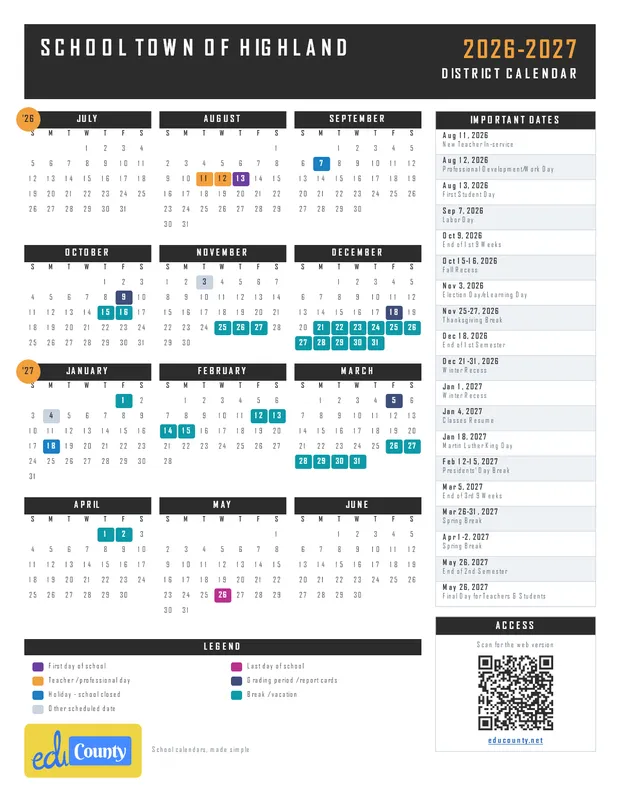 School Town of Highland printable 2026-27 calendar