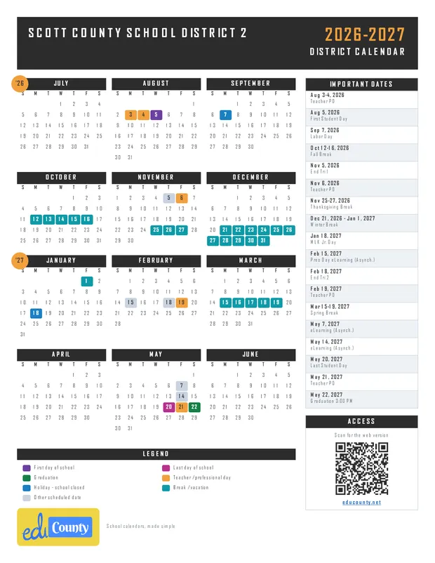 Scott County School District 2 printable 2026-27 calendar