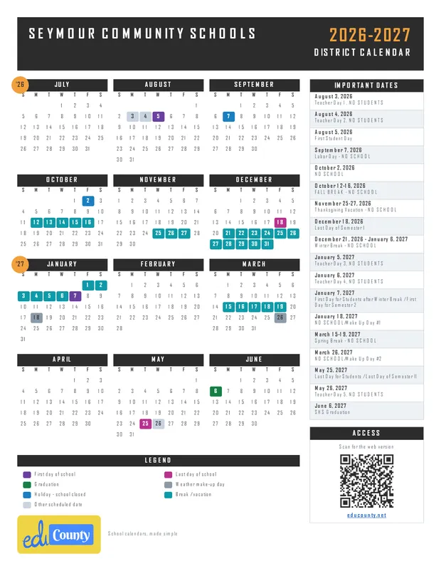 Seymour Community schools printable 2026-27 calendar