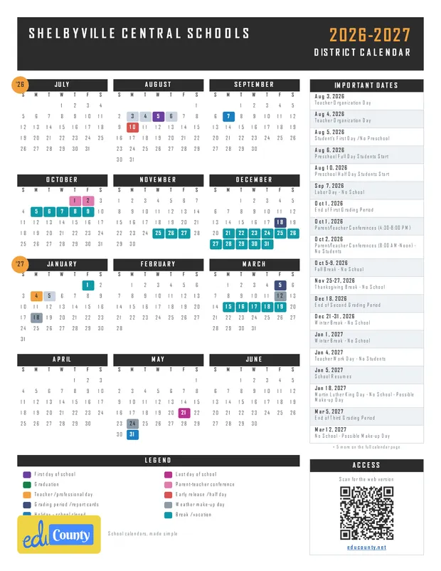 Shelbyville Central Schools printable 2026-27 calendar