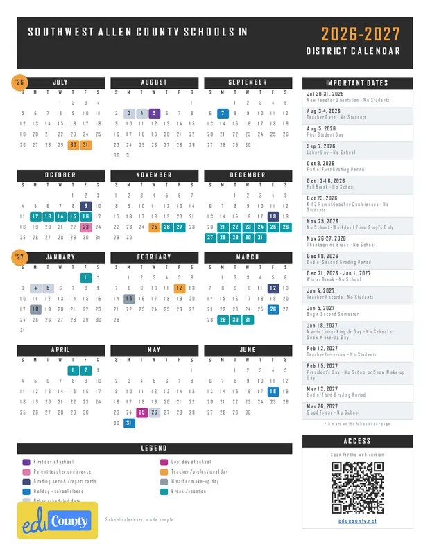 Southwest Allen County Schools printable 2026-27 calendar