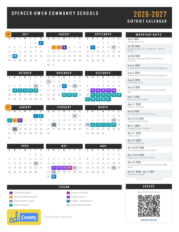 Spencer-Owen Community Schools printable 2026-27 calendar