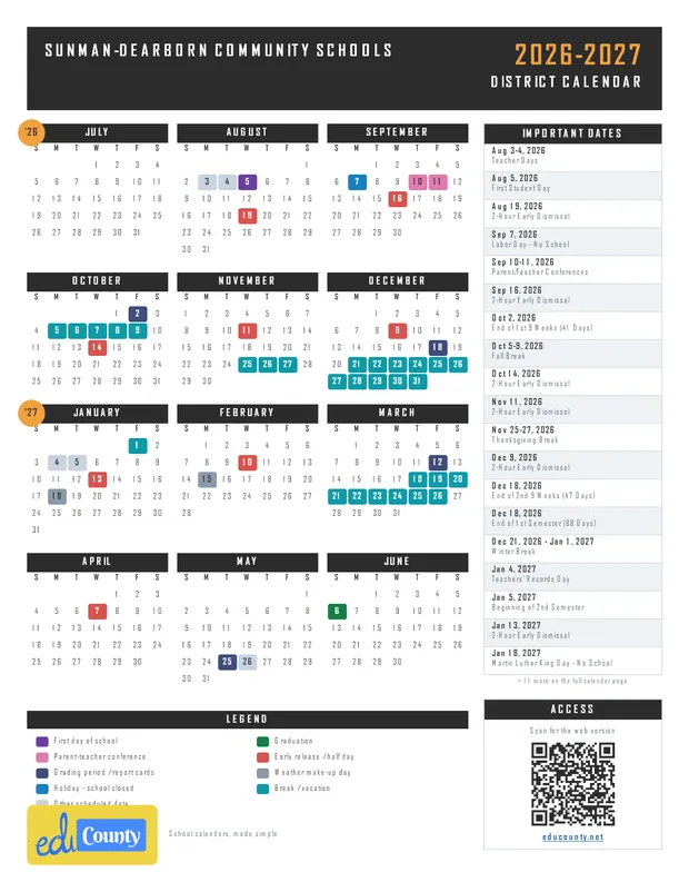 Sunman-Dearborn Community Schools printable 2026-27 calendar