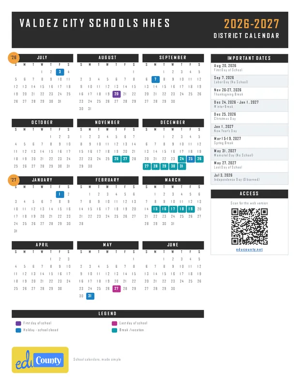 Valdez City Schools HHES printable 2026-27 calendar