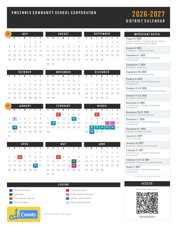 Vincennes Community School Corporation printable 2026-27 calendar