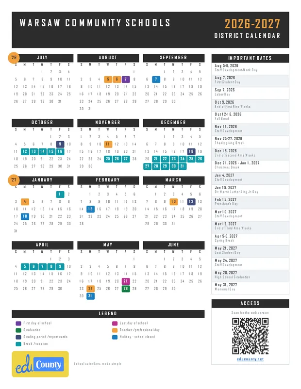 Warsaw Community Schools printable 2026-27 calendar