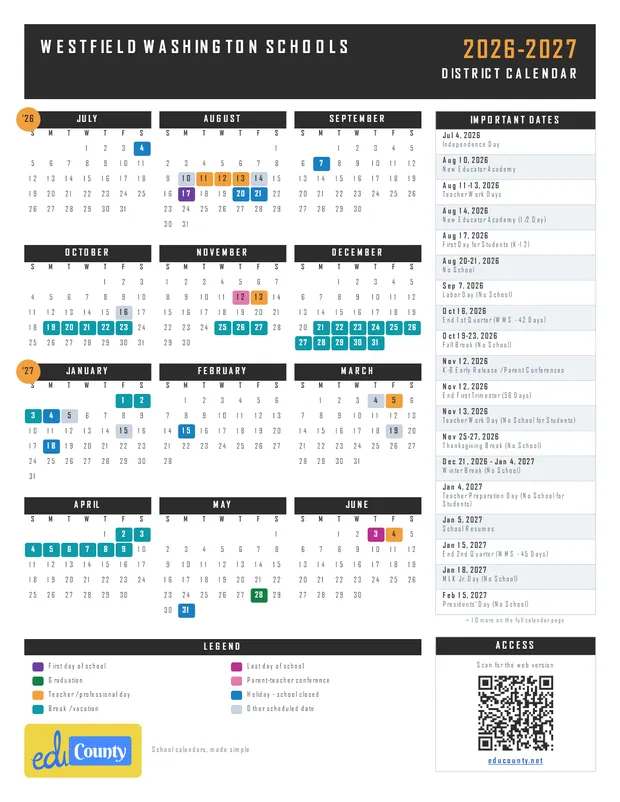 Westfield Washington Schools printable 2026-27 calendar