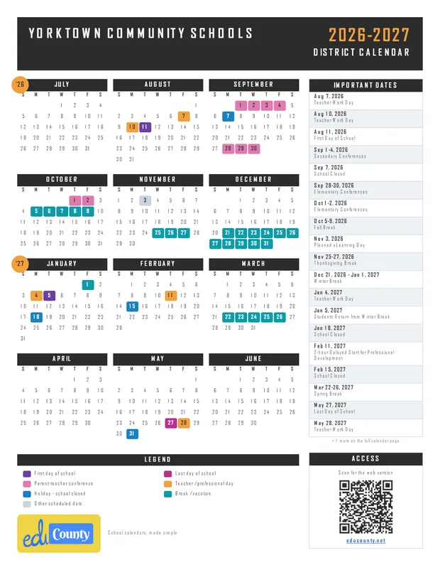 Yorktown Community Schools printable 2026-27 calendar