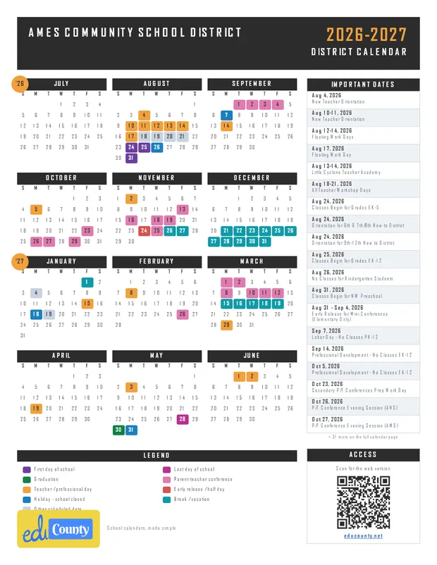 Ames Community School District printable 2026-27 calendar