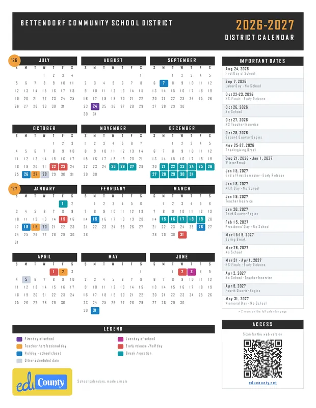 Bettendorf Community School District printable 2026-27 calendar