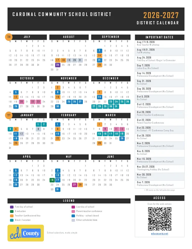 Cardinal Community School District printable 2026-27 calendar