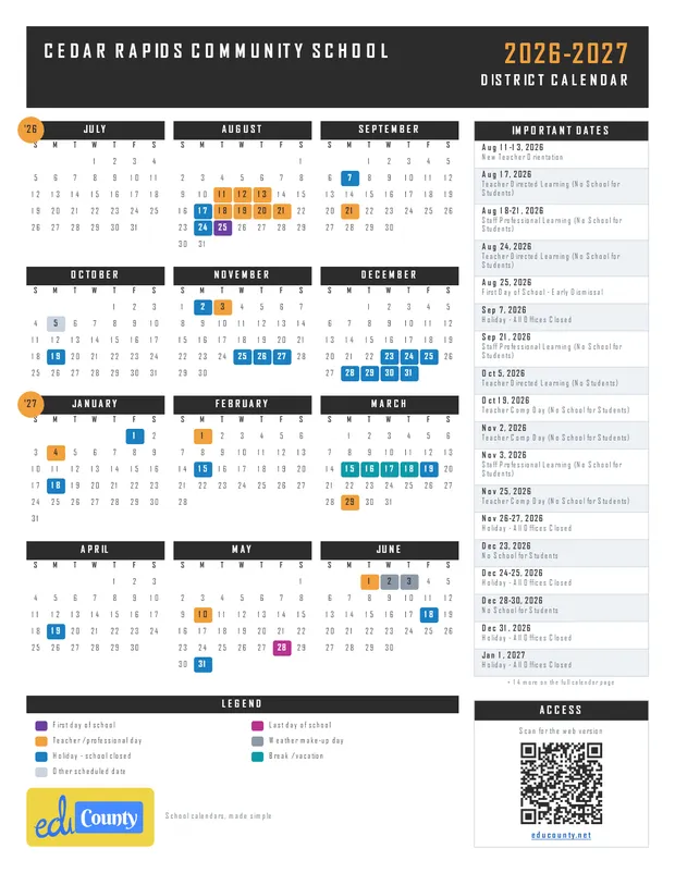Cedar Rapids Community School printable 2026-27 calendar