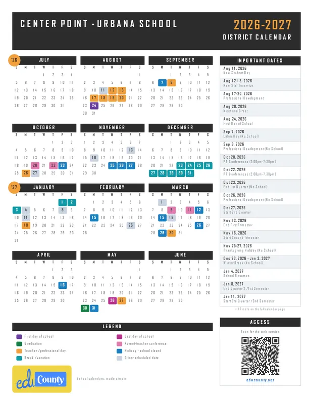 Center Point - Urbana School printable 2026-27 calendar