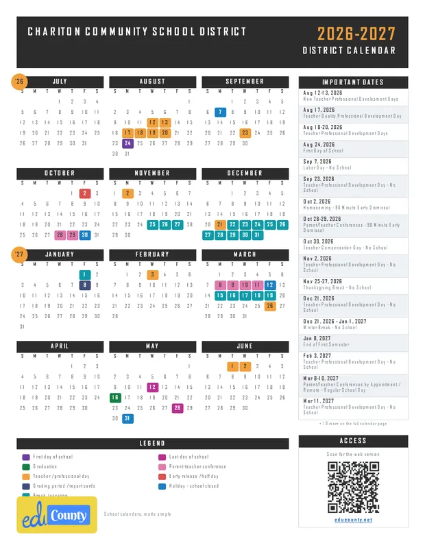 Chariton Community School District printable 2026-27 calendar