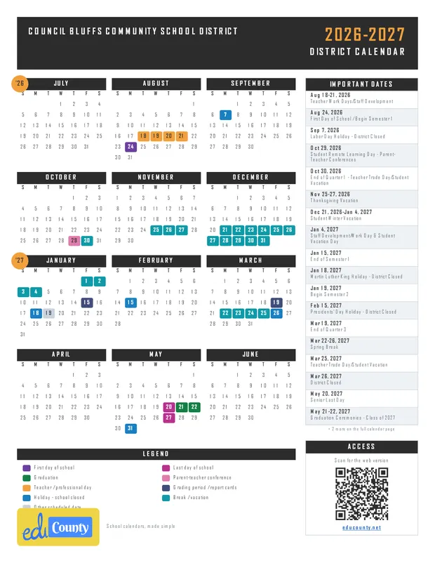 Council Bluffs Community School District printable 2026-27 calendar