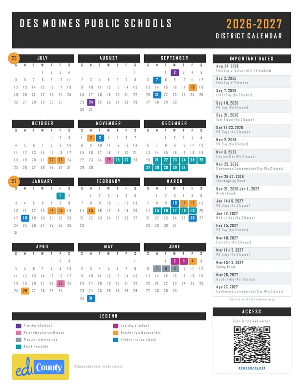 Des Moines Public Schools printable 2026-27 calendar