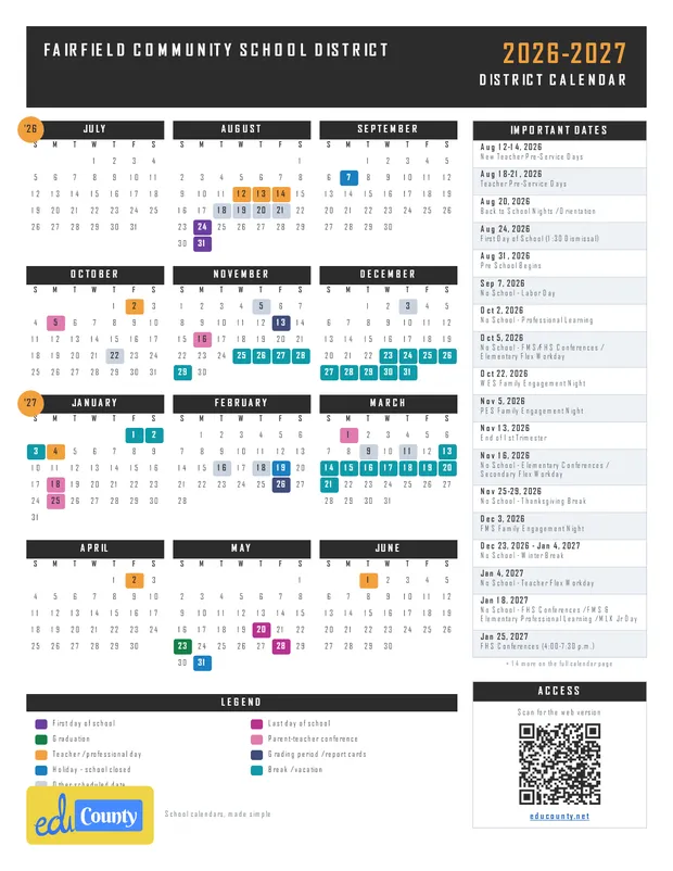 Fairfield Community School District printable 2026-27 calendar
