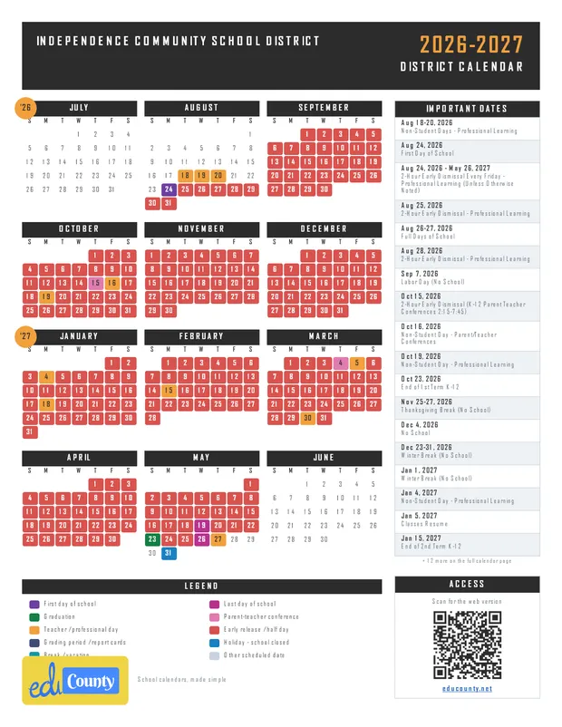 Independence Community School District printable 2026-27 calendar