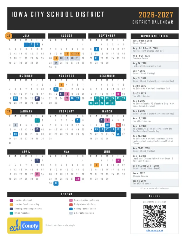 Iowa City School District printable 2026-27 calendar