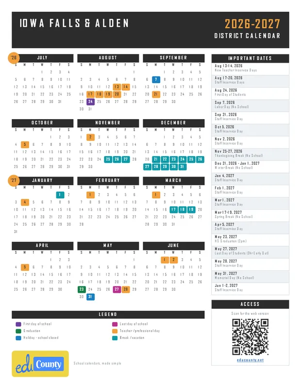 Iowa Falls & Alden printable 2026-27 calendar