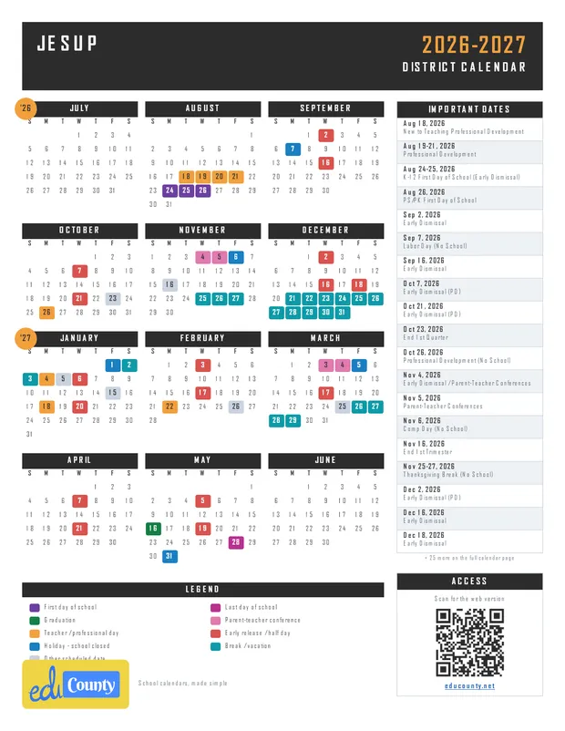 Jesup printable 2026-27 calendar