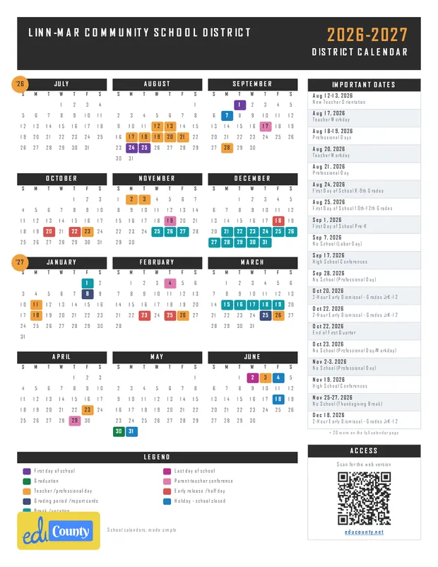 Linn-Mar Community School District printable 2026-27 calendar