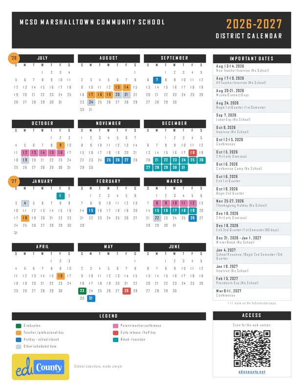 MCSD Marshalltown Community School printable 2026-27 calendar