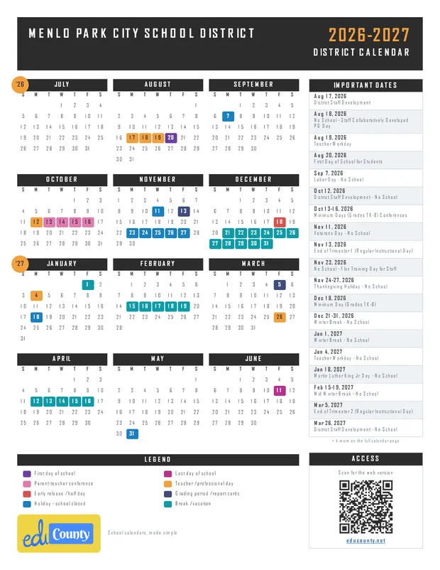 Menlo Park City School District printable 2026-27 calendar