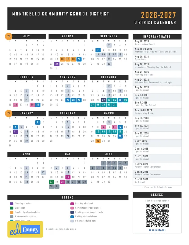 Monticello Community School District printable 2026-27 calendar