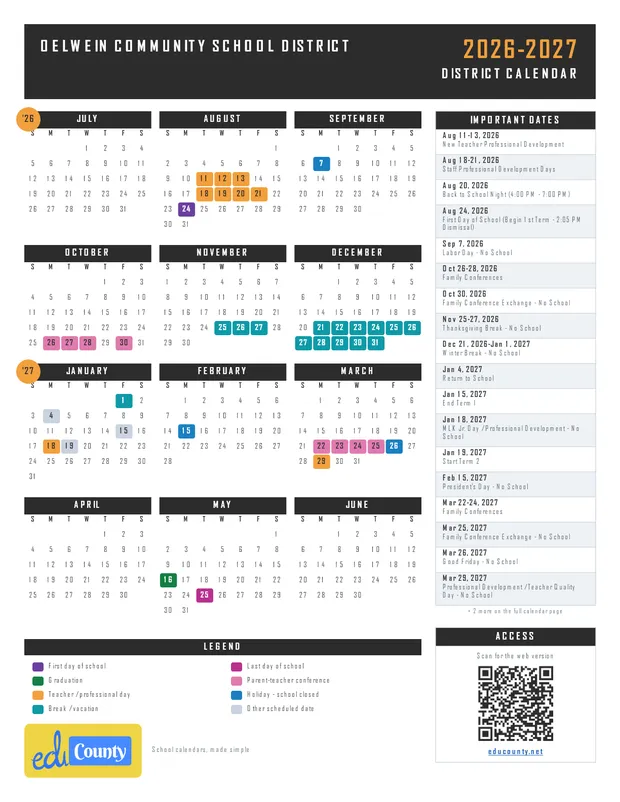 Oelwein Community School District printable 2026-27 calendar
