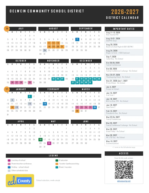 Oelwein Community School District printable 2026-27 calendar