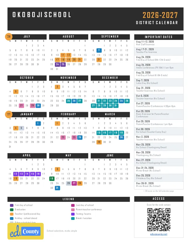 Okoboji School printable 2026-27 calendar
