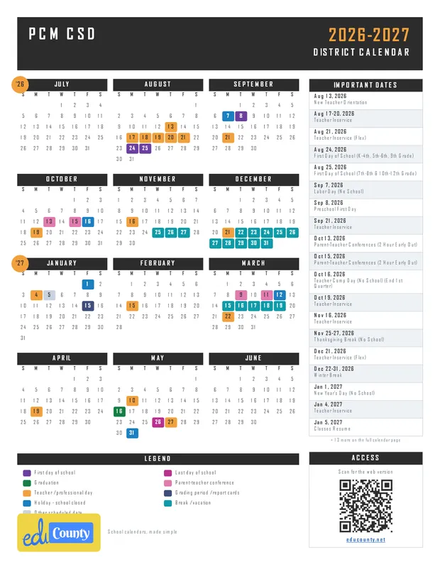 PCM CSD printable 2026-27 calendar