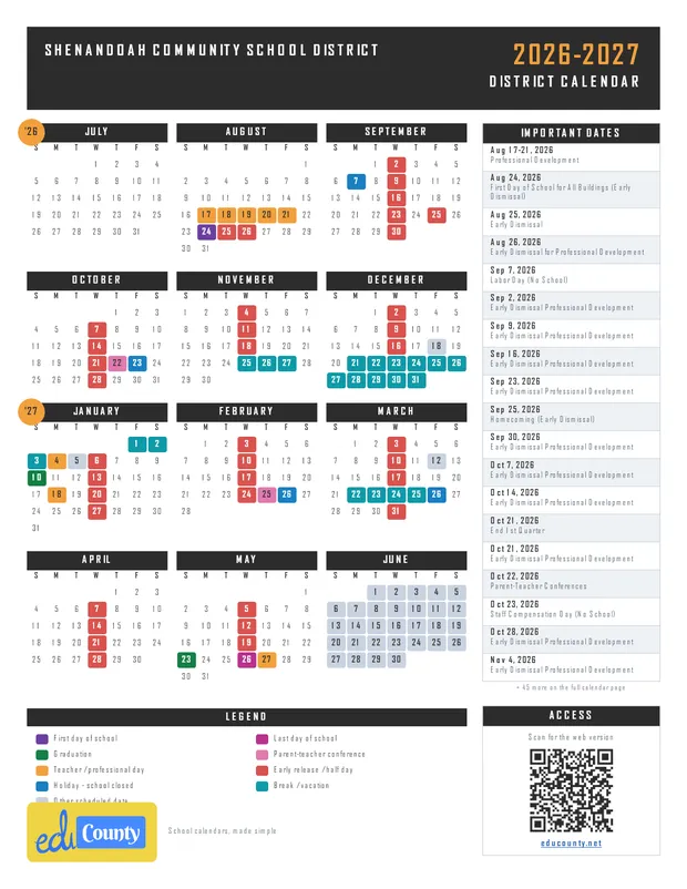 Shenandoah Community School District printable 2026-27 calendar