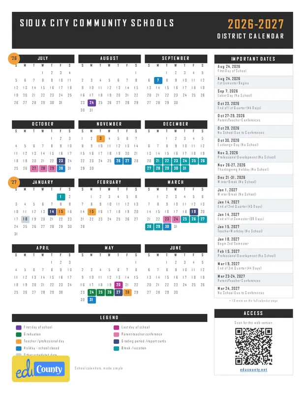 Sioux City Community Schools printable 2026-27 calendar