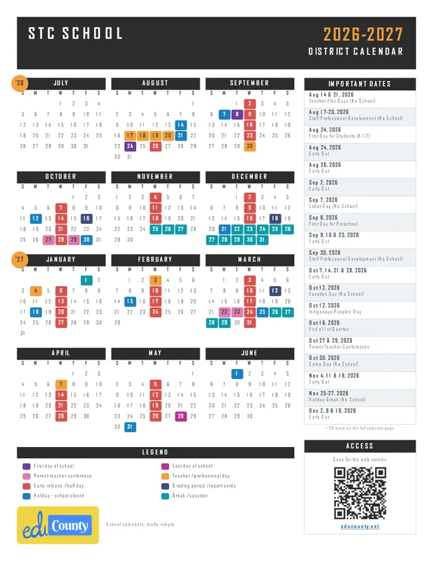 STC School printable 2026-27 calendar