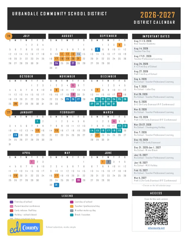 Urbandale Community School District printable 2026-27 calendar