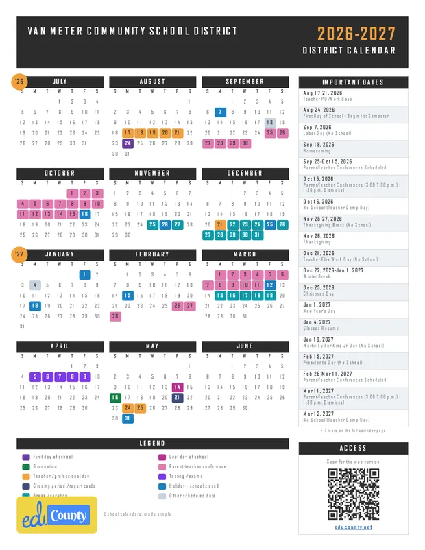 Van Meter Community School District printable 2026-27 calendar