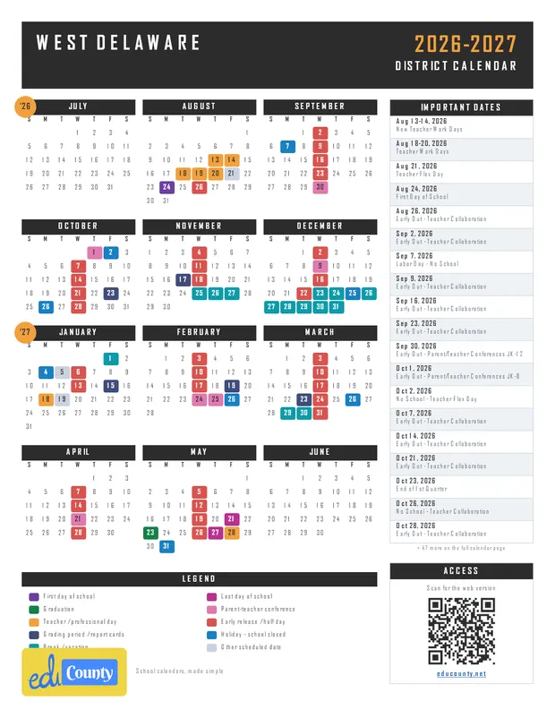 West Delaware printable 2026-27 calendar