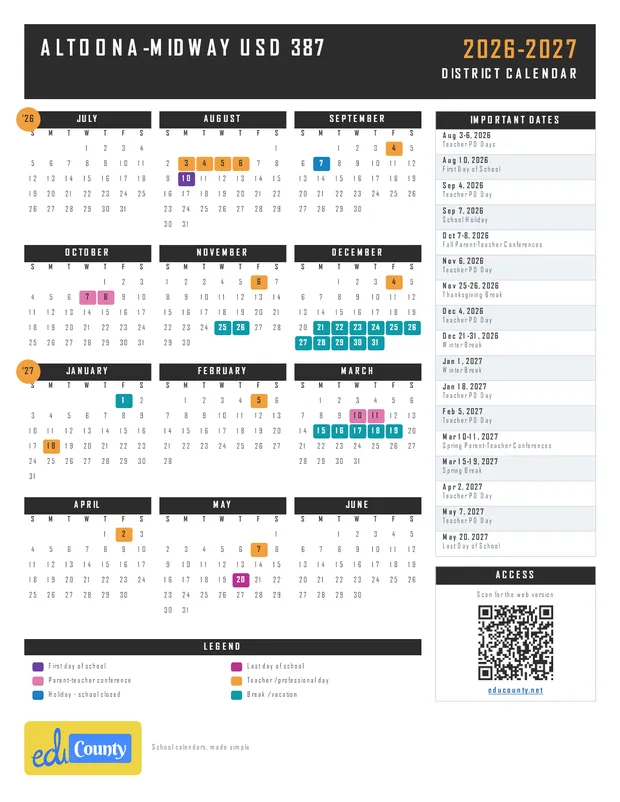 Altoona-Midway USD 387 printable 2026-27 calendar