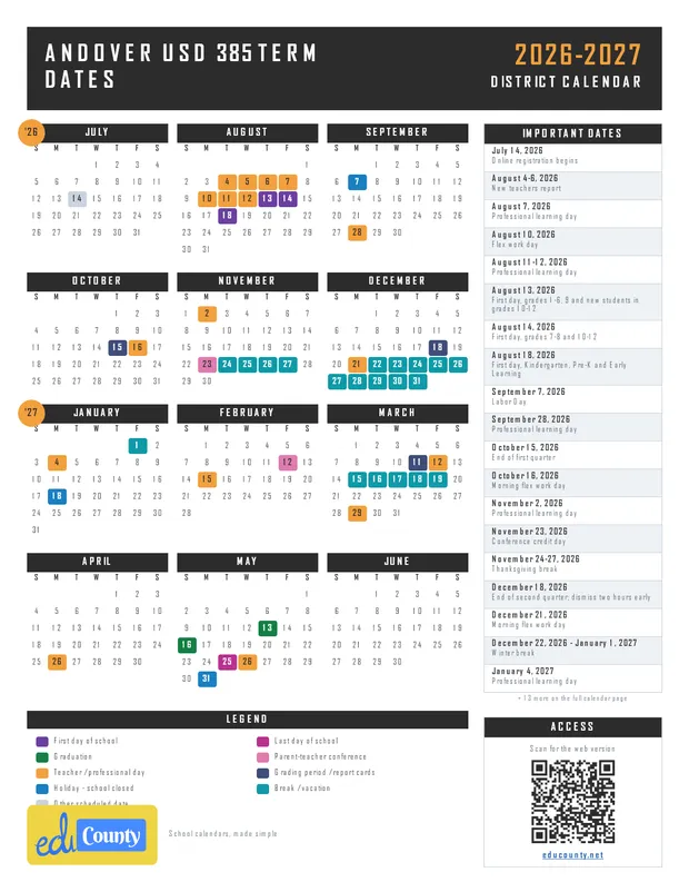 Andover USD 385 Term Dates printable 2026-27 calendar
